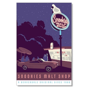 May include: A retro-style illustration of a malt shop called "Snookies Malt Shop" with a neon sign and a classic car parked in front. The shop is open at night, with a starry sky and a dark purple background. The text "A Beaverdale Original Since 1986" is at the bottom of the image.