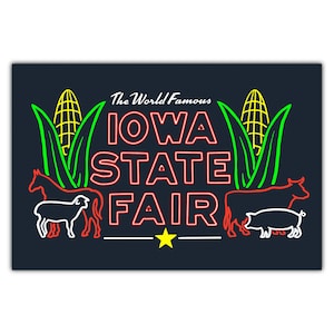 Cartolina con insegna al neon della fiera dello stato dell'Iowa