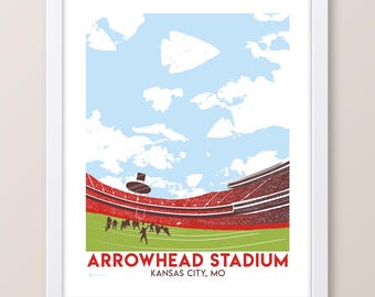 May include: A red and green illustration of Arrowhead Stadium in Kansas City, Missouri. The stadium is filled with fans and a football game is in progress. The sky is blue with white clouds.