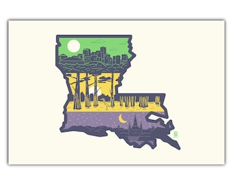 Op de afbeelding: Een gestileerde illustratie van de staat Louisiana, verdeeld in drie secties die verschillende tijden van de dag voorstellen. De bovenste sectie toont een stadsbeeld met een groene lucht en een witte zon. De middelste sectie toont een moeras met gele bomen en een gele zon. De onderste sectie toont een stadsbeeld met een paarse lucht, een halve maan en sterren. De staatsgrens is paars.
