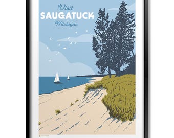 May include: A vintage travel poster design featuring a blue sky, white sand beach, and sailboats in the distance. The poster says "Visit Saugatuck Michigan" in a retro font.