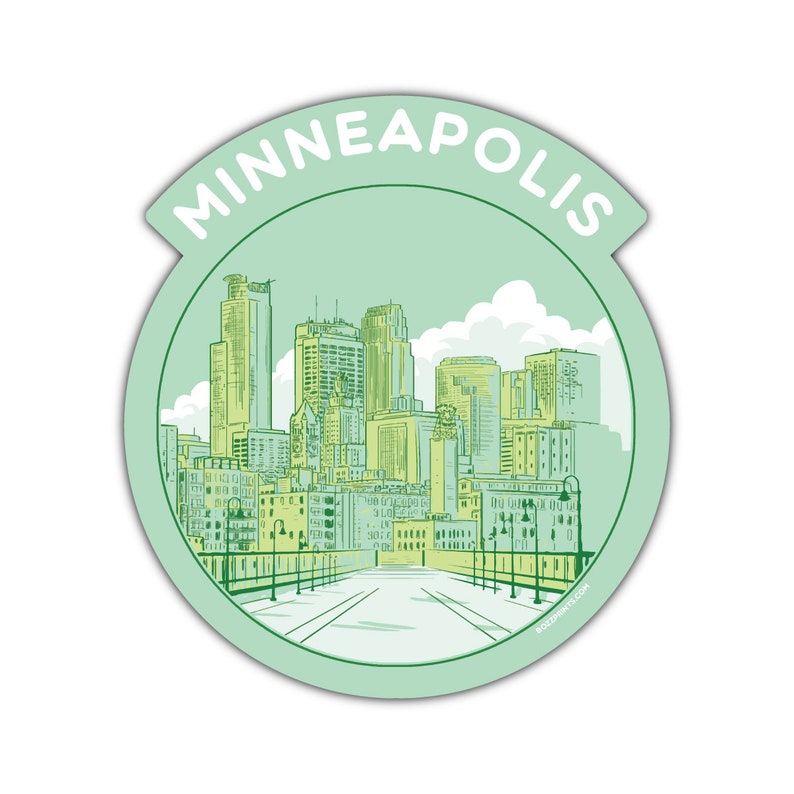 Pu&ograve; includere: Un'illustrazione verde e gialla dello skyline di Minneapolis con il testo "MINNEAPOLIS" in un cerchio bianco con un bordo verde.