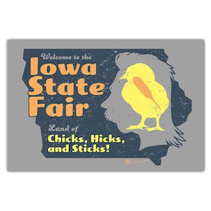 Cartolina "Chicks, Hicks, and Sticks" della fiera statale dell'Iowa
