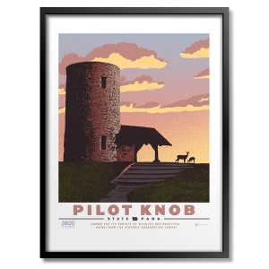 May include: A vintage-style poster for Pilot Knob State Park in Missouri. The poster features a stone tower with a wooden roof and a view of a sunset sky with clouds. The text on the poster reads "Pilot Knob State Park" and "Known for its variety of wildlife and beautiful views from the historic observation tower!"