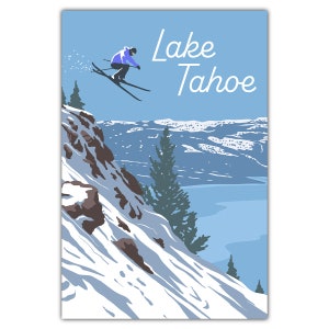 Postal del salto en la nieve del lago Tahoe