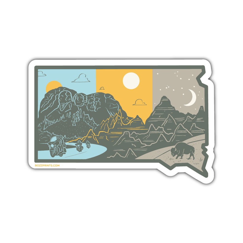 May include: A sticker featuring a stylized illustration of the state of South Dakota. The image depicts Mount Rushmore, the Badlands, and a bison. The sticker is divided into three sections representing day, dusk, and night. The text "BOZZPRINTS.COM" is at the bottom of the sticker.