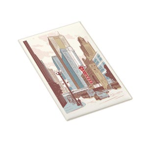 May include: A rectangular magnet featuring a stylized illustration of the Chicago Theatre and surrounding city skyscrapers. The artwork uses a muted color palette of tan, blue, and deep red, with the word CHICAGO clearly visible on the theater sign.