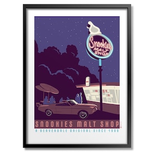 May include: A retro-style illustration of a malt shop called "Snookies Malt Shop" with a neon sign and a classic car parked in front. The shop is open at night and the sky is dark with stars. The text below the image reads "A Beaverdale Original Since 1986."