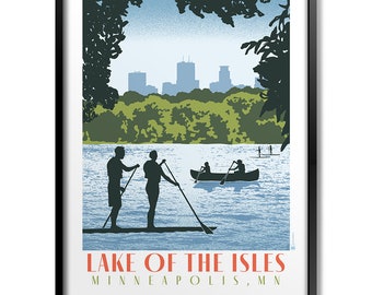 May include: A vintage-style poster with a blue, green and white colour scheme depicting a lake scene with two people paddleboarding and a canoe in the foreground. The skyline of Minneapolis, Minnesota is visible in the background. The text "LAKE OF THE ISLES MINNEAPOLIS, MN" is at the bottom of the poster.