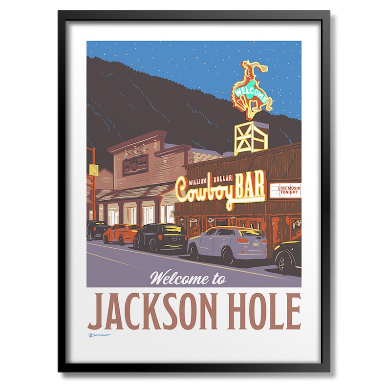 Pode incluir: Uma ilustra&ccedil;&atilde;o de estilo retro de uma cena noturna em Jackson Hole, Wyoming. A imagem apresenta uma placa de n&eacute;on para o Million Dollar Cowboy Bar, com um cowboy montando um bronco. Os carros est&atilde;o estacionados em frente ao bar, e o texto "Bem-vindo a Jackson Hole" &eacute; exibido na parte inferior.