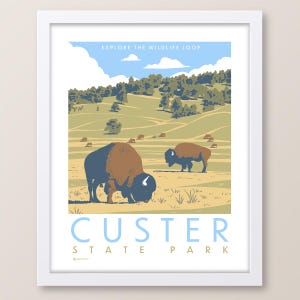 May include: A vintage-style poster for Custer State Park in South Dakota. The poster features a blue sky with white clouds, rolling green hills, and a herd of bison grazing in a field. The text "Explore the Wildlife Loop" is at the top of the poster, and the text "Custer State Park" is at the bottom.