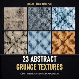 May include: A digital texture pack titled GRIMLINE featuring 23 abstract grunge textures in 4K JPG format. The image displays six square samples including burlap, dark charcoal, blue watercolor, black ink, blue drips, and brown paint splatters.