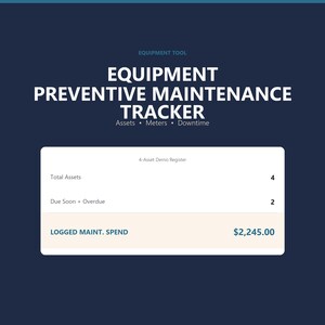 May include: A digital equipment preventive maintenance tracker dashboard on a dark blue background. The interface displays text including Equipment Tool, Equipment Preventive Maintenance Tracker, Assets, Meters, Downtime, 4-Asset Demo Register, Total Assets 4, Due Soon + Overdue 2, and Logged Maint. Spend $2,245.00.