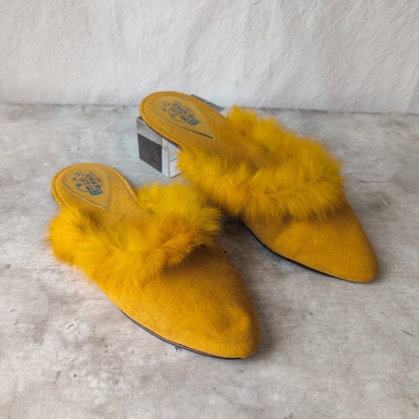 Vintage 1960s Bright Yellow Fur Trim Slippers Mod Boho House Mule Slides Fuzzy Colorful Shoes / 7.5 - 8