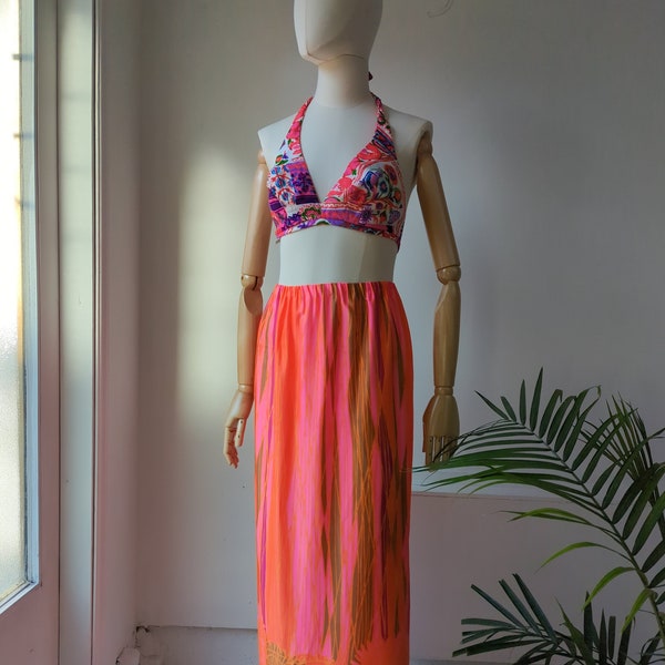 Vintage 1970s Neon Orange & Pink Maxi Skirt 60s 70's Psychedelic Mod Dayglo Floral Skirt / S