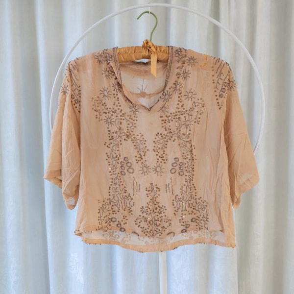 Antique 1920s Beaded Peach Silk Top Art Deco Handmade Blouse AS IS For Study