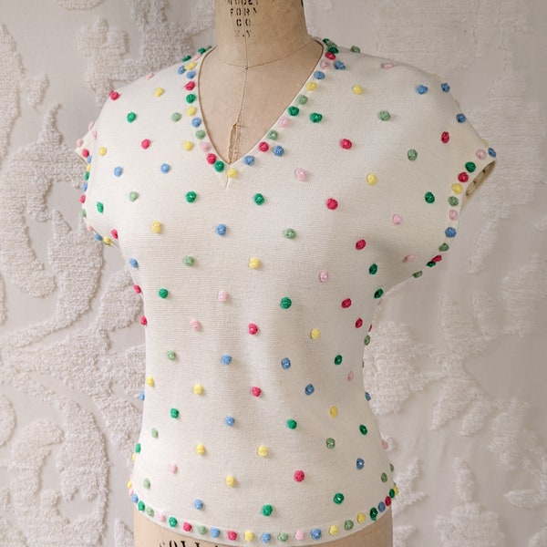 Vintage 1950s Rainbow Flower Candy Dot Bombshell Wool Sweater 40’s 50’s Short Sleeve Novelty Pin-up Knit Top