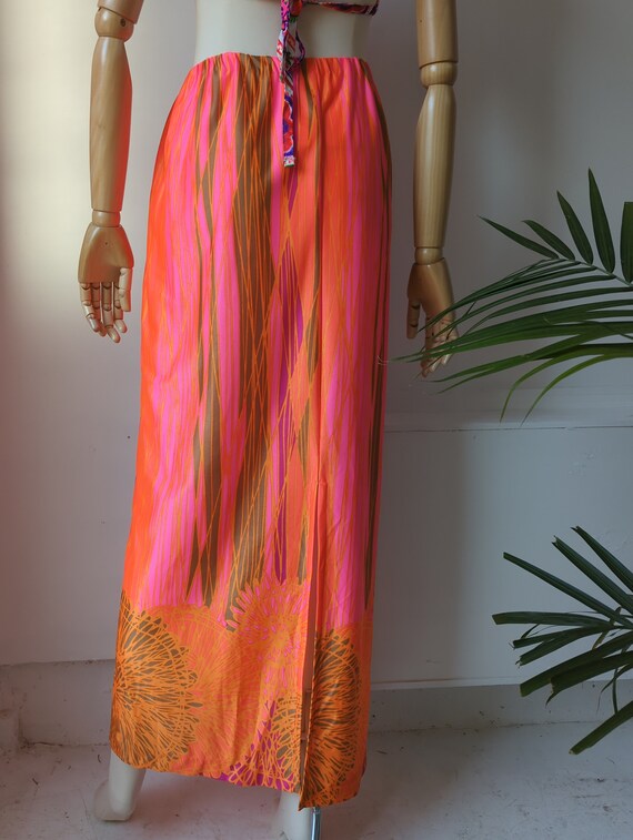 Vintage 1970s Neon Orange & Pink Maxi Skirt 60s 7… - image 5