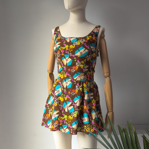 Vintage 1960s Cole of California Cotton Skirted Playsuit Romper Swimsuit Psychedelic Mod Rainbow Suit / S