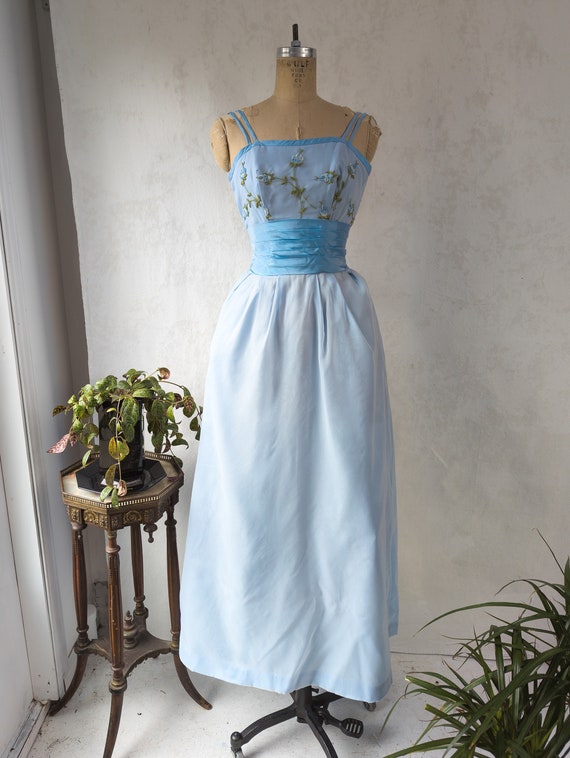 1960s Emma Domb Light Blue Floral Embroidered Pro… - image 2