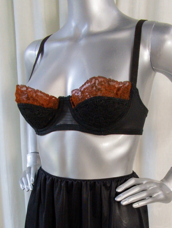 Vintage 1960s Black & Brown Lingerie Set Balconette Bra Slip Skirt Ruffle  Trim Mid Century 50's 60's Sexy / XS 