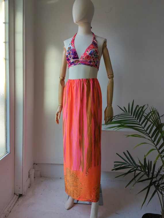 Vintage 1970s Neon Orange & Pink Maxi Skirt 60s 7… - image 1