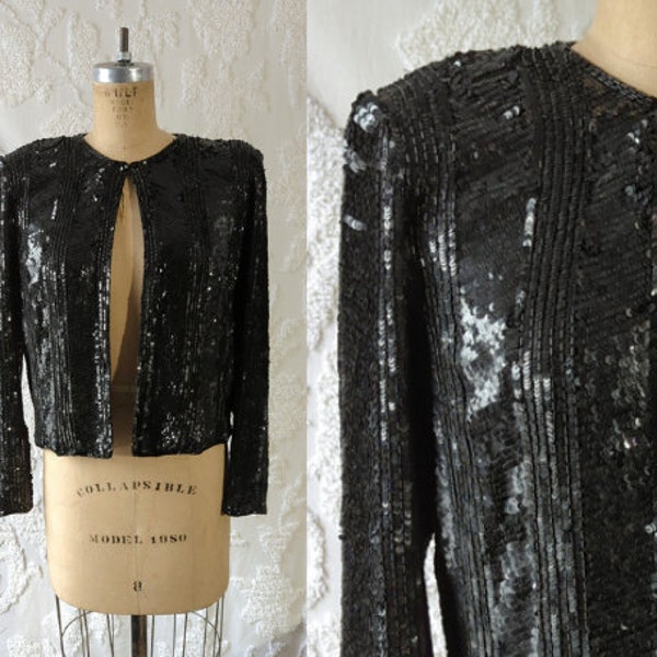 Vintage 1980s Black Beaded Silk Evening Jacket Adrianna Papell Glass Bead Bolero Jacket / S M