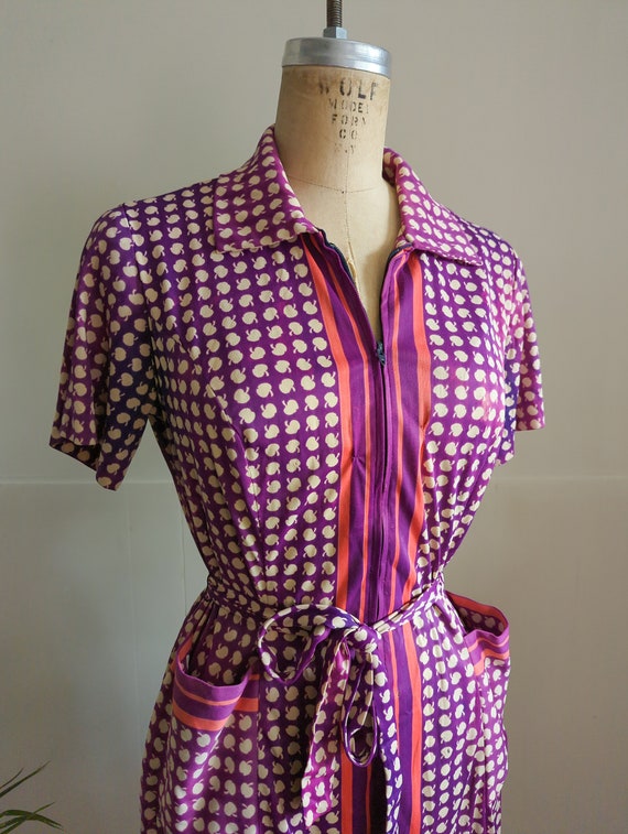 Vintage 70s Novelty Print Apple Dress Pink Purple… - image 2