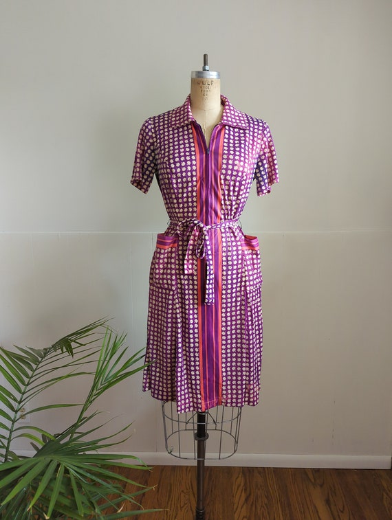 Vintage 70s Novelty Print Apple Dress Pink Purple… - image 1