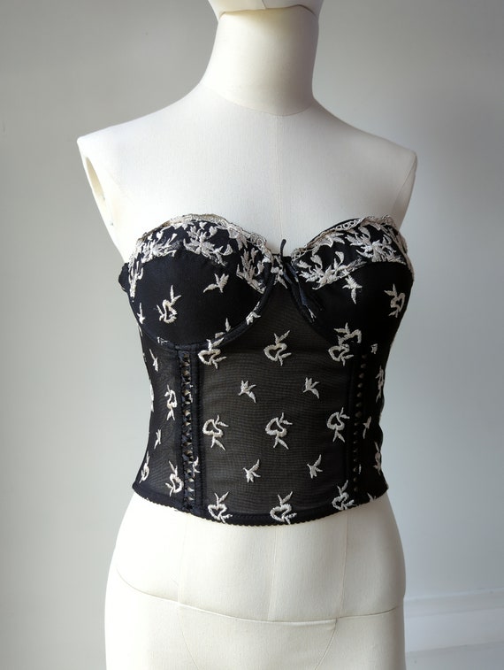 Vintage 1990s Floral Embroidered Corset Bustier Lingerie Bra Top