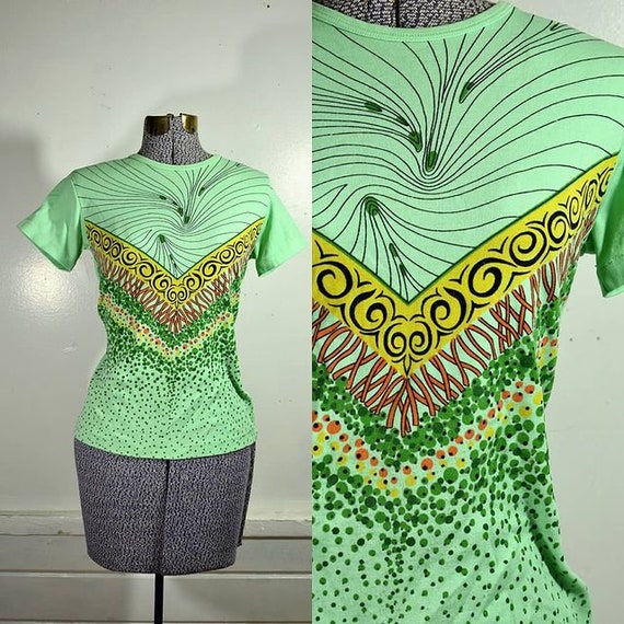 1960s Seafoam Psychedelic Print Poly Short Sleeve