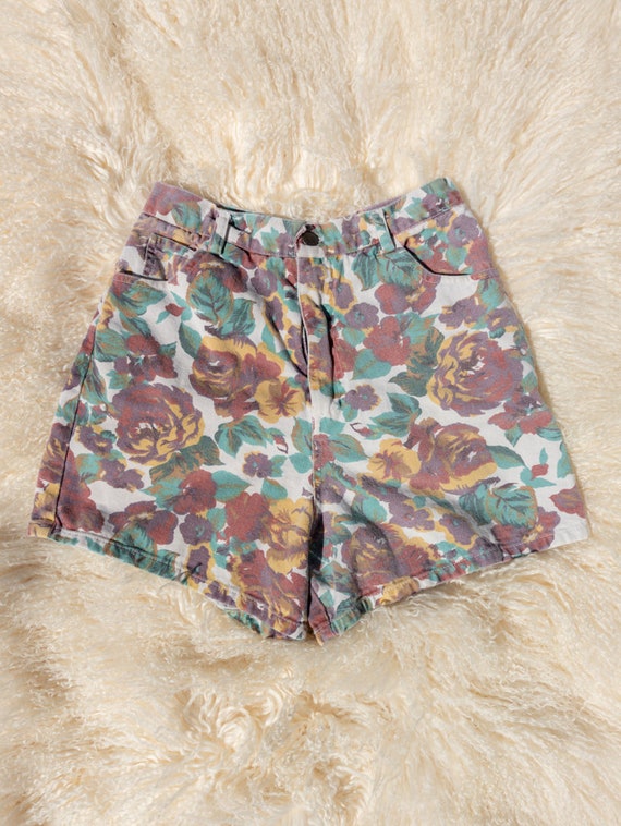 Vintage 1990a Floral Denim High Waist Shorts 80s … - image 1