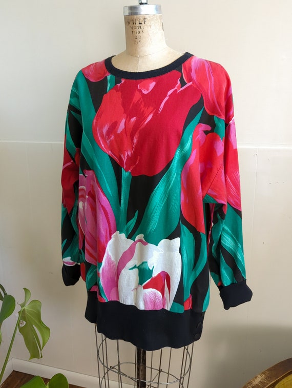 Vintage 80s Oversize Tulip Print Novelty Cotton S… - image 3