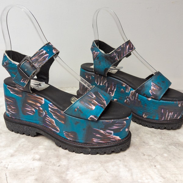 Adidas x Opening Ceremony Platform Wedge Sandals Novelty Island Rock Ocean Print Ankle Strap Flatform Chunky Shoes / 8