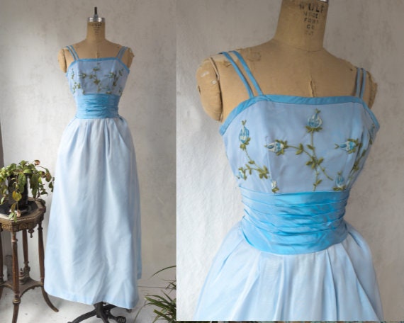 1960s Emma Domb Light Blue Floral Embroidered Pro… - image 1