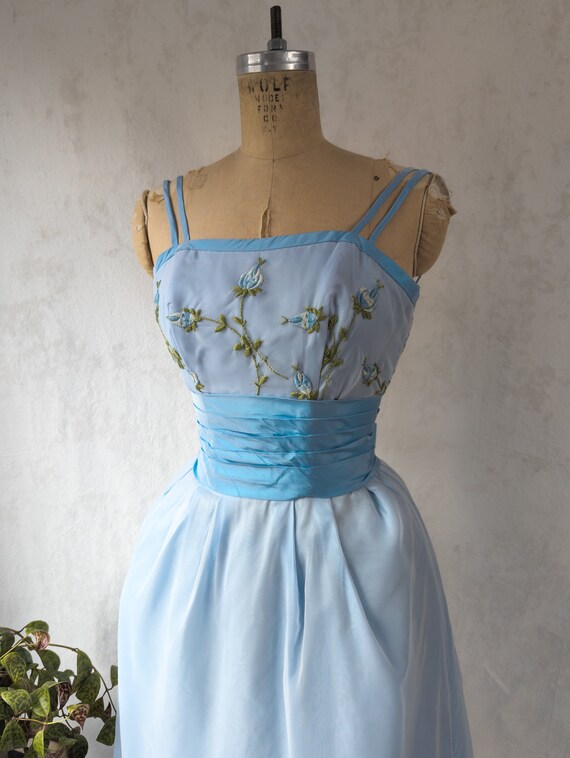 1960s Emma Domb Light Blue Floral Embroidered Pro… - image 3