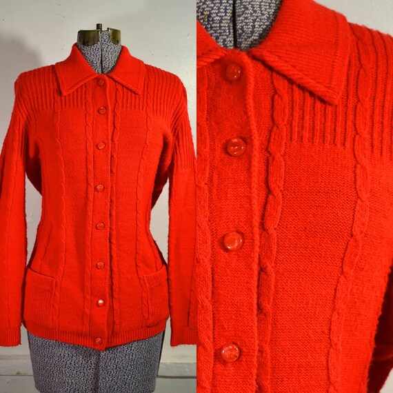 Vintage 70s Candy Apple Red Cuddle Knit Cardigan W