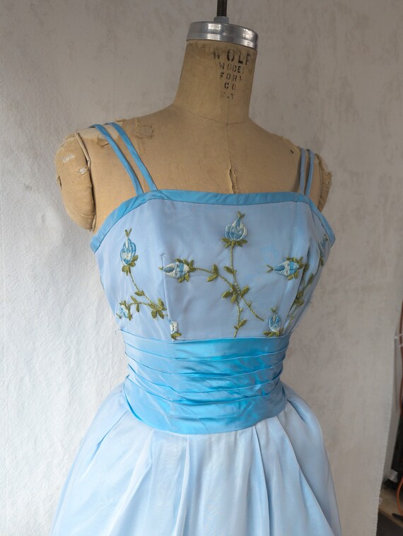 1960s Emma Domb Light Blue Floral Embroidered Pro… - image 4