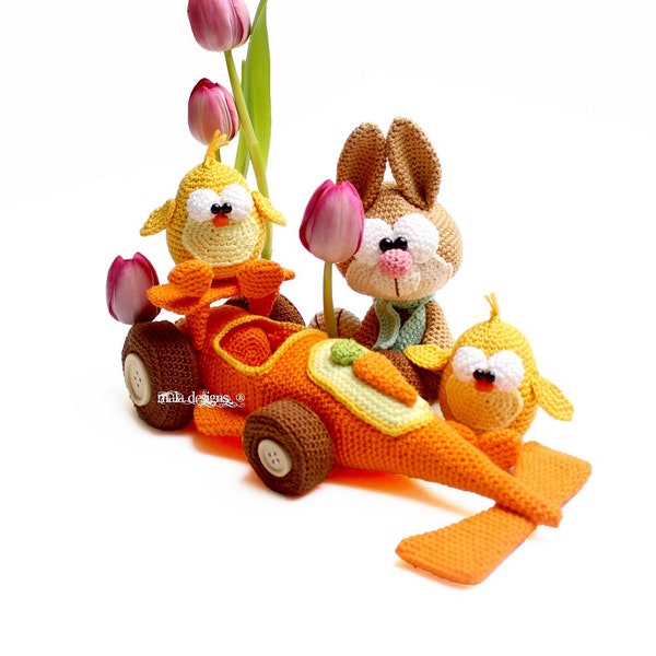 Runabout carotte avec lapins et bébé boxeur, motif au crochet
