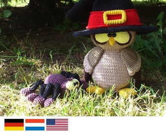 owl with witch hat and spider - crochet pattern