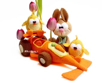 carrotcar with bunnies and chicken, crochet pattern by mala designs ®