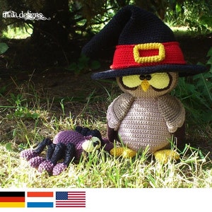 owl with witch hat and spider - crochet pattern