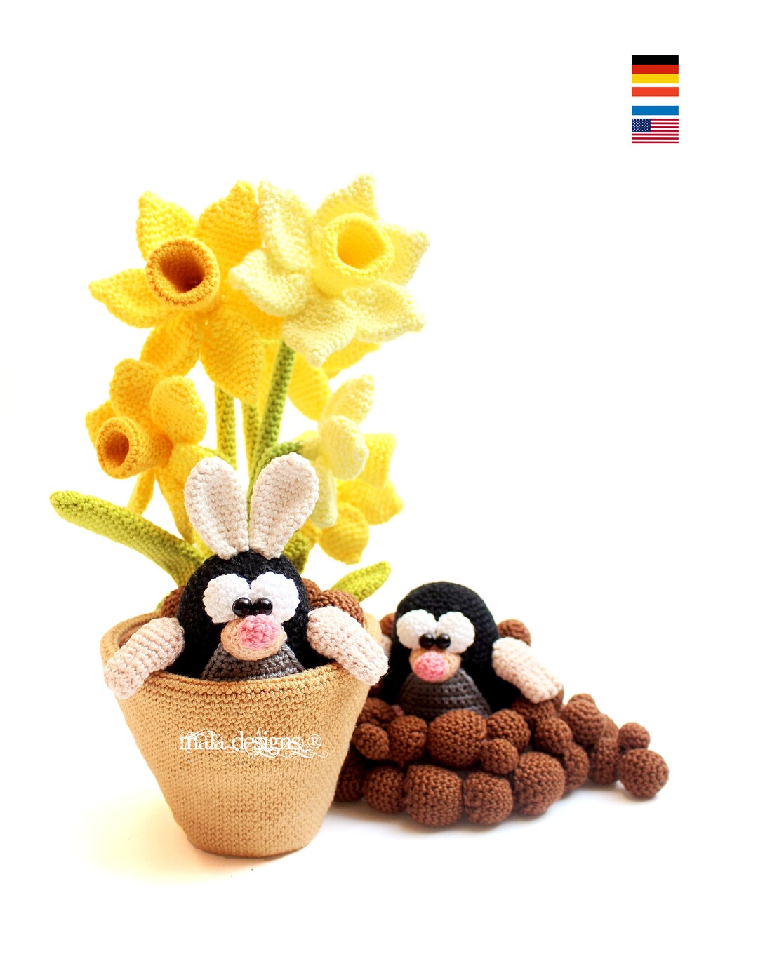 Mala Designs Patterns Moles With Daffodils, Crochet Pattern by Mala Designs ® - Etsy