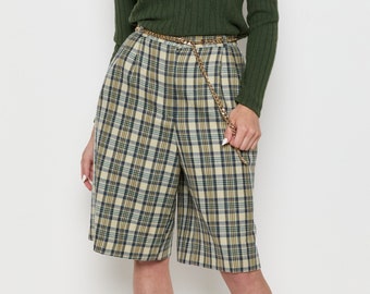 80s Olive Green Plaid Long Shorts L