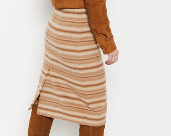 70s Brown Striped Mohair Skirt S