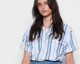 90s Blue White Striped SS Button Down L