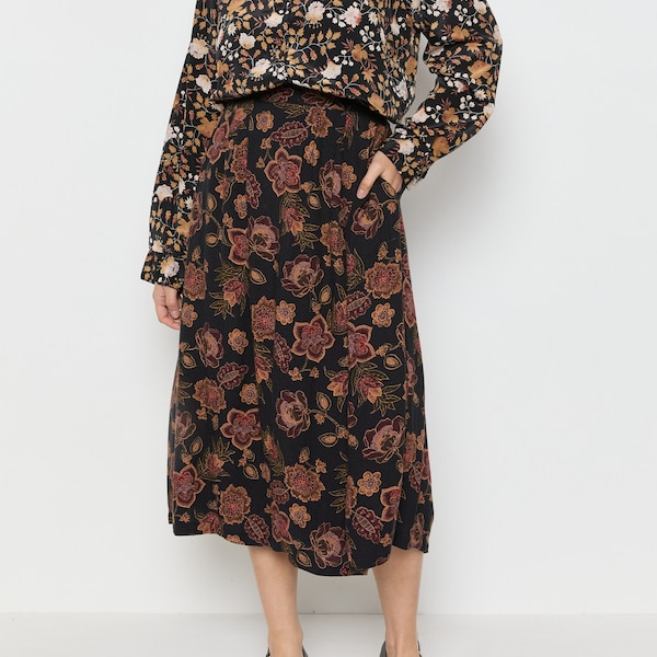90s Black Rust Floral Burst Skirt XL