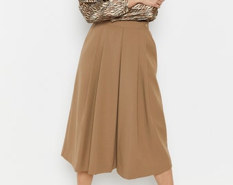 70s Taupe Front Pleat Midi Skirt S