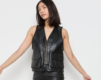 80s Black Pocket Zip Leather Vest M