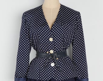 Blazer azul marino blanco con lunares de los 80, talla M